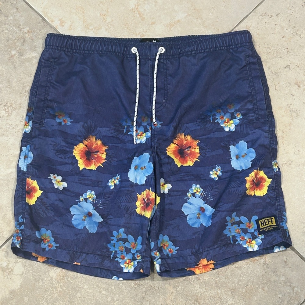 Neff Board Shorts Mens M‎ Blue Floral Hibiscus Swim Trunks Drawstring Skate Surf